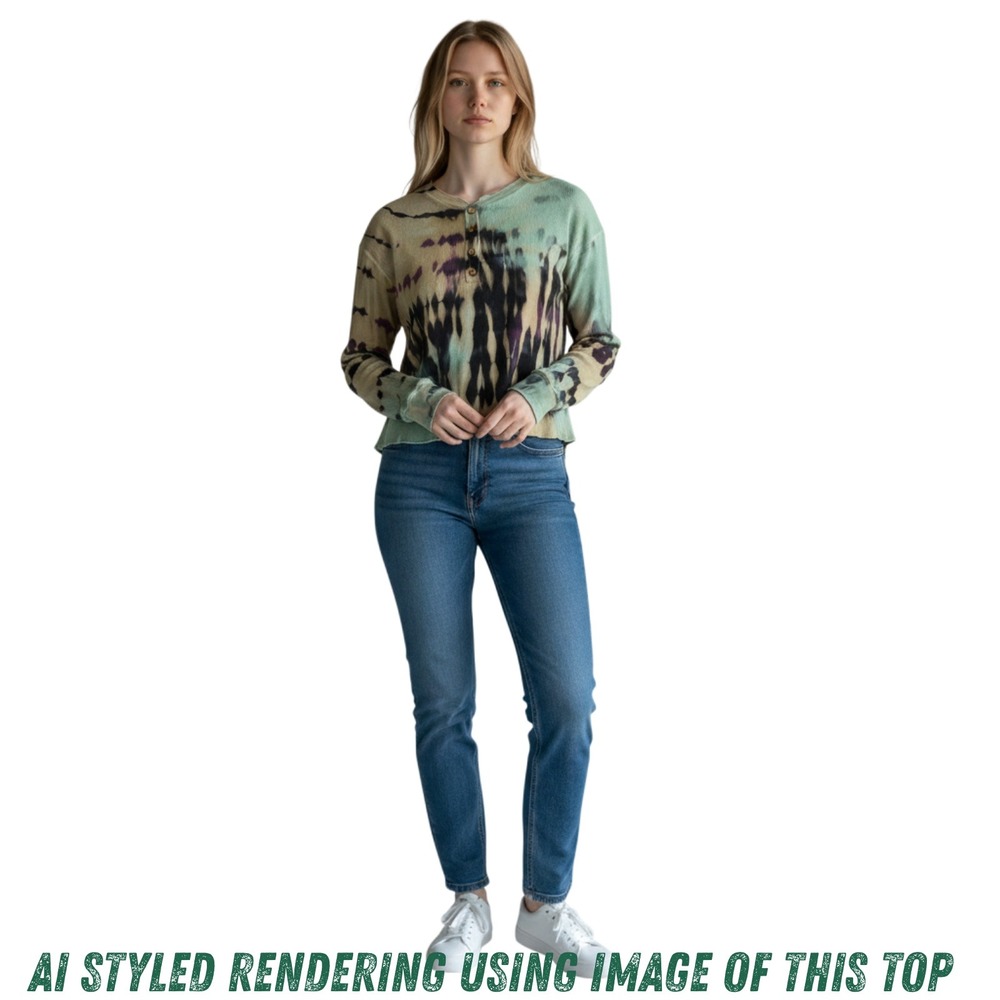 Daydreamer Womens Large Tie Dye Henley Thermal Long Sleeve Waffle Knit Top Multi